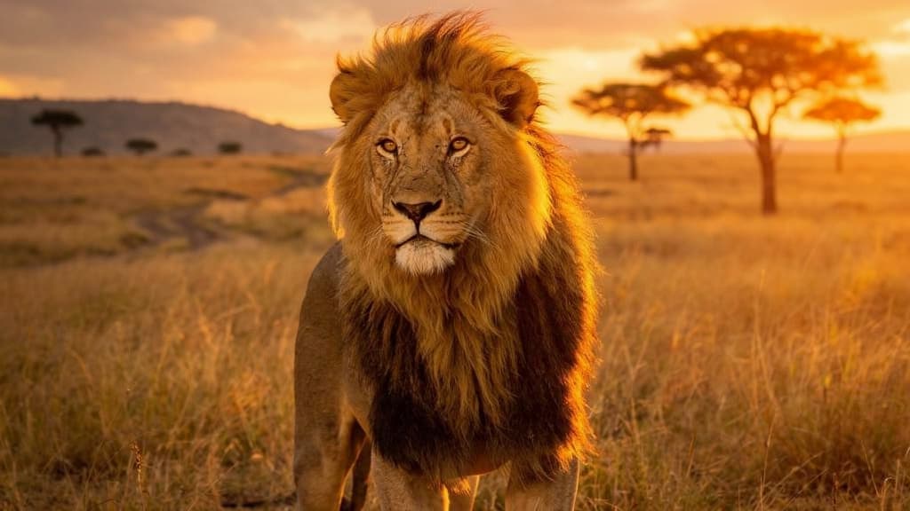 An image-to-image generation at 1024x576 resolution using Flux.2 [pro] showing a majestic male lion standing in the African savanna. The lion has a thick, golden-brown mane and amber eyes, captured in a medium close-up shot. The background features grassy plains and acacia trees silhouetted against a golden sunset.