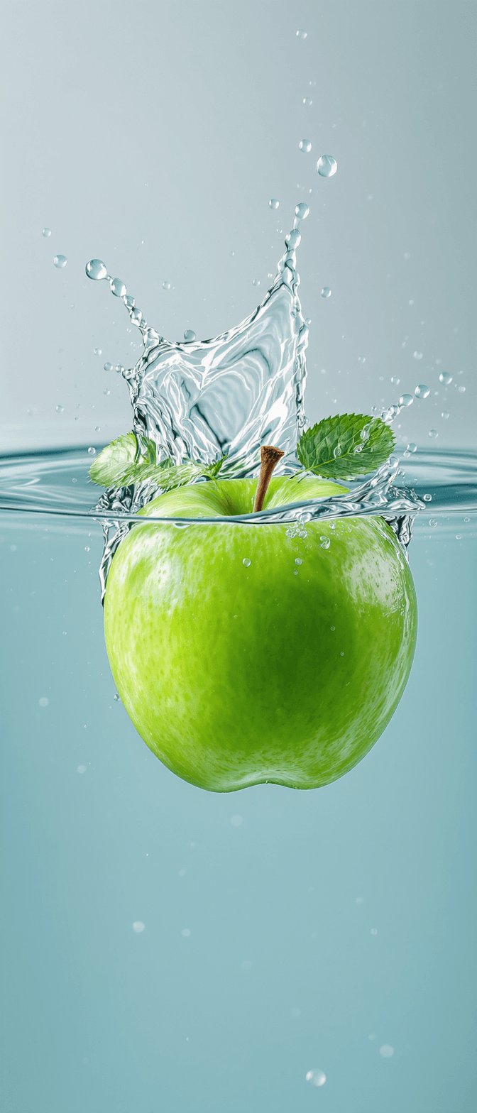 A vertical high-speed photograph of a bright green apple splashing into clear water, creating a dynamic splash with droplets and ripples. Two small green leaves float near the stem. The image, generated using Flux Kontext Pro at 672x1568 resolution, features a clean, soft blue background.