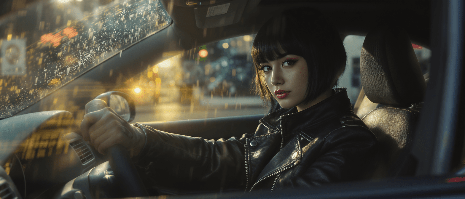 A digital image generated with Flux Kontext Pro at 1568x672 resolution. It shows a young woman with a short black bob and red lipstick sitting in the driver's seat of a car. She wears a black leather jacket and looks directly at the camera. The background features blurred city lights through a wet windshield.