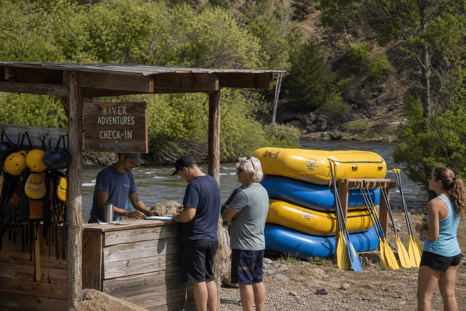 Customers sign up at a riverside whitewater-rafting check-in booth, rafts behind.