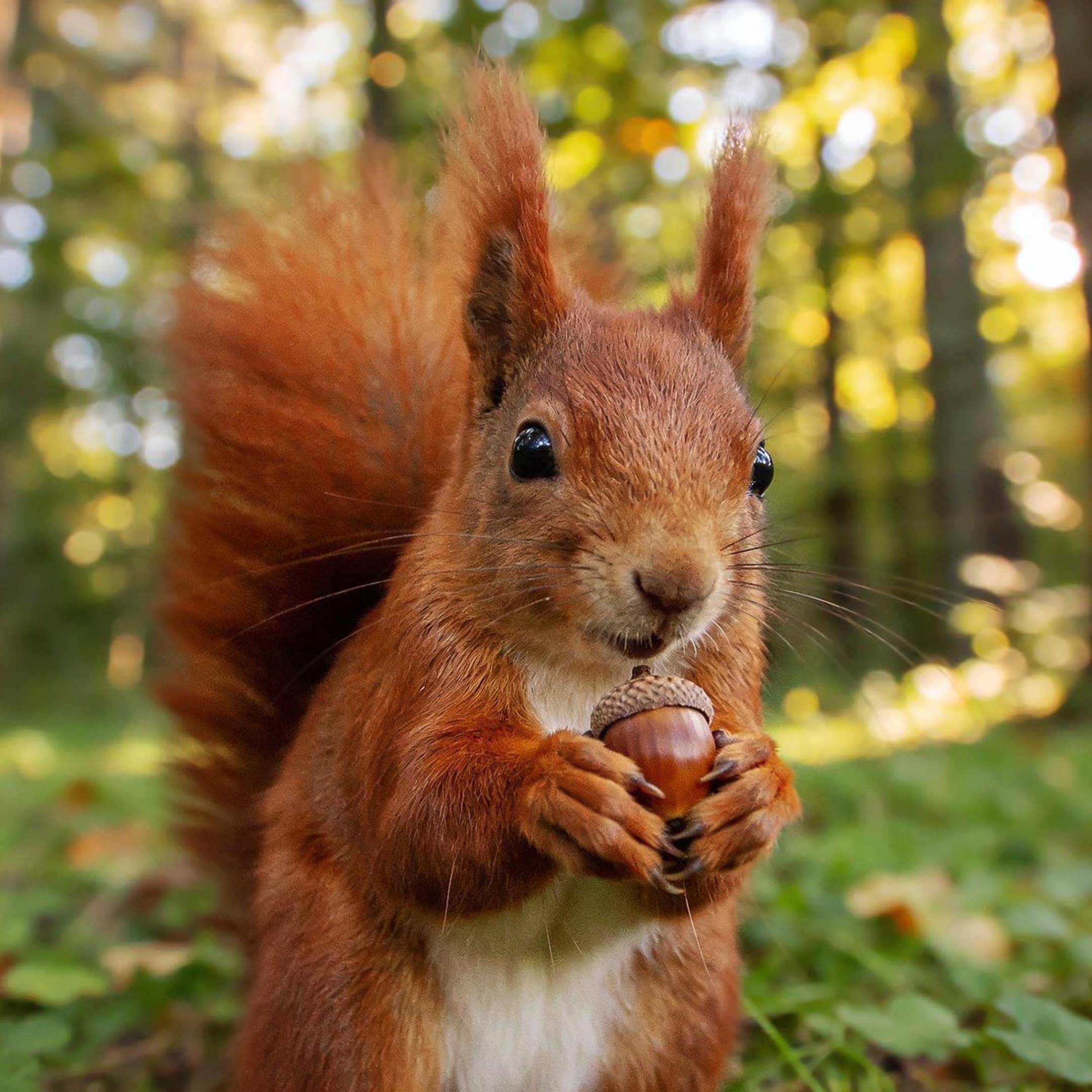A close-up, square-format photograph of a fluffy red squirrel with tufted ears standing on a green forest floor. The squirrel holds a small brown acorn in its paws and looks directly at the camera. Generated using Seedream 4.5 at 2160x2160 resolution, the background shows soft, out-of-focus trees with dappled sunlight.