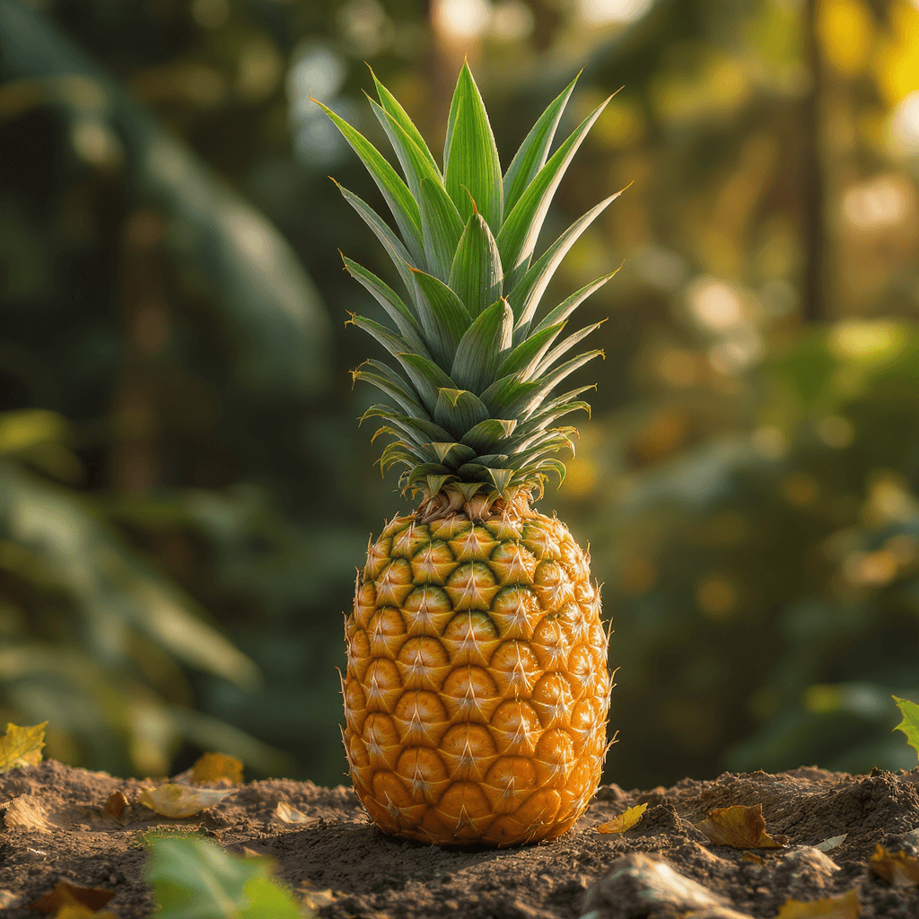 A square 1024x1024 text-to-image generation from the Flux Kontext Max model shows a single ripe golden pineapple standing upright on dark soil. The pineapple has a vibrant green leafy crown. The background is a soft, out-of-focus tropical garden bathed in warm, natural sunlight.