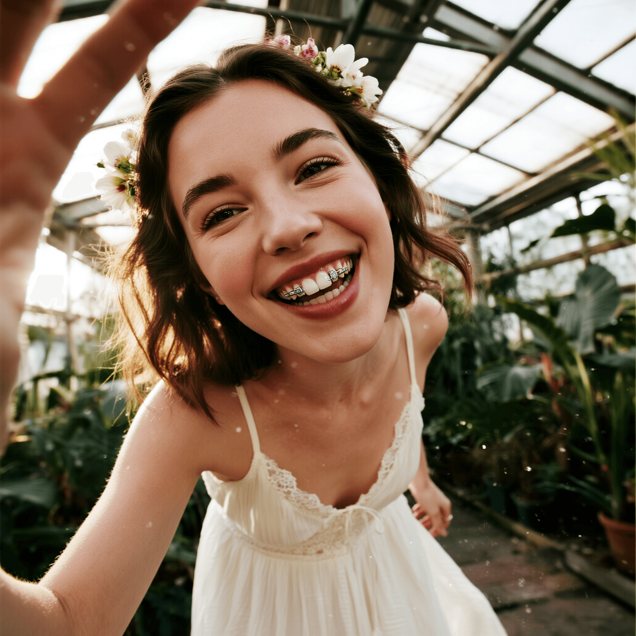 A square 2048x2048 text-to-image generation from Dreamina 3.1 showing a close-up selfie of a smiling young woman wearing braces and a white lace dress. She has flowers in her hair and is laughing inside a greenhouse filled with lush green plants.