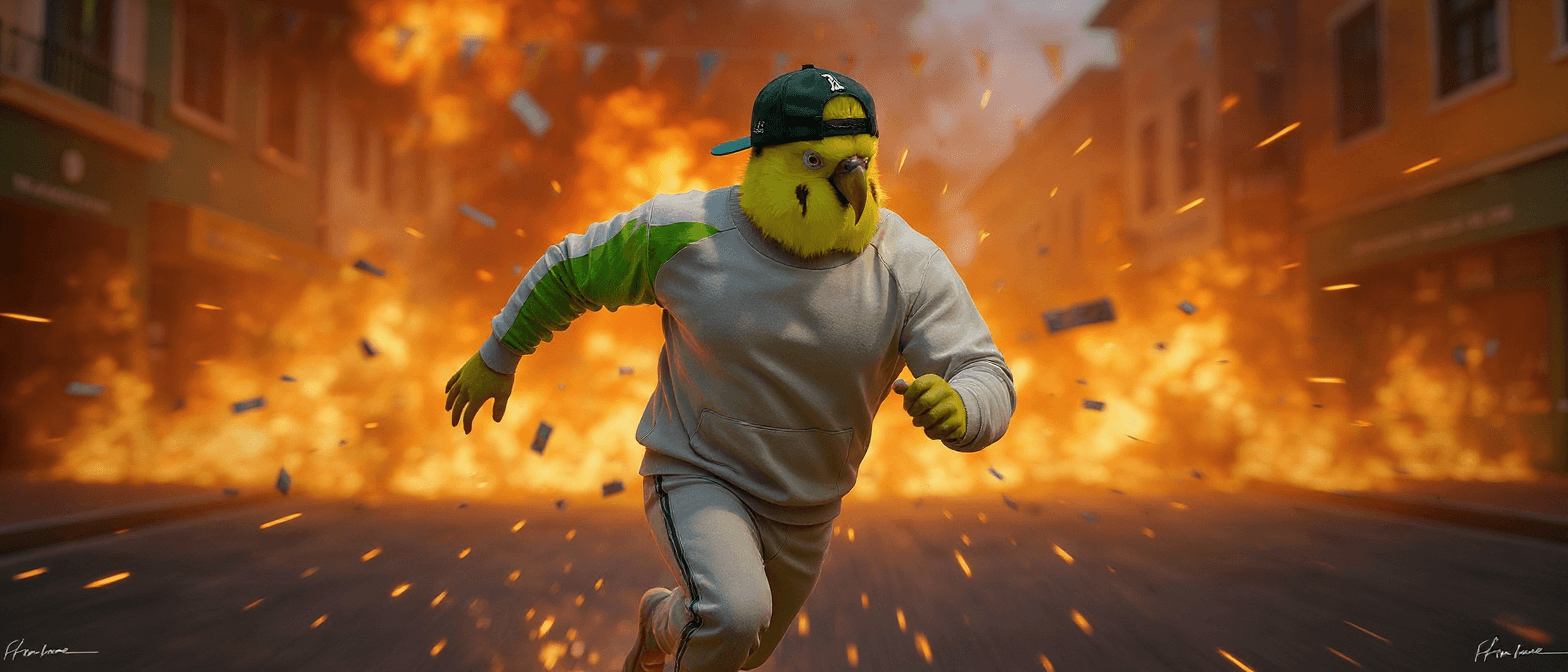 An image-to-image generation using Flux Kontext Pro at 1568x672 resolution. It features a muscular, anthropomorphic parakeet with a yellow head, green feathers, and a backwards baseball cap running down a city street. A massive orange and yellow explosion with flying debris erupts behind him.