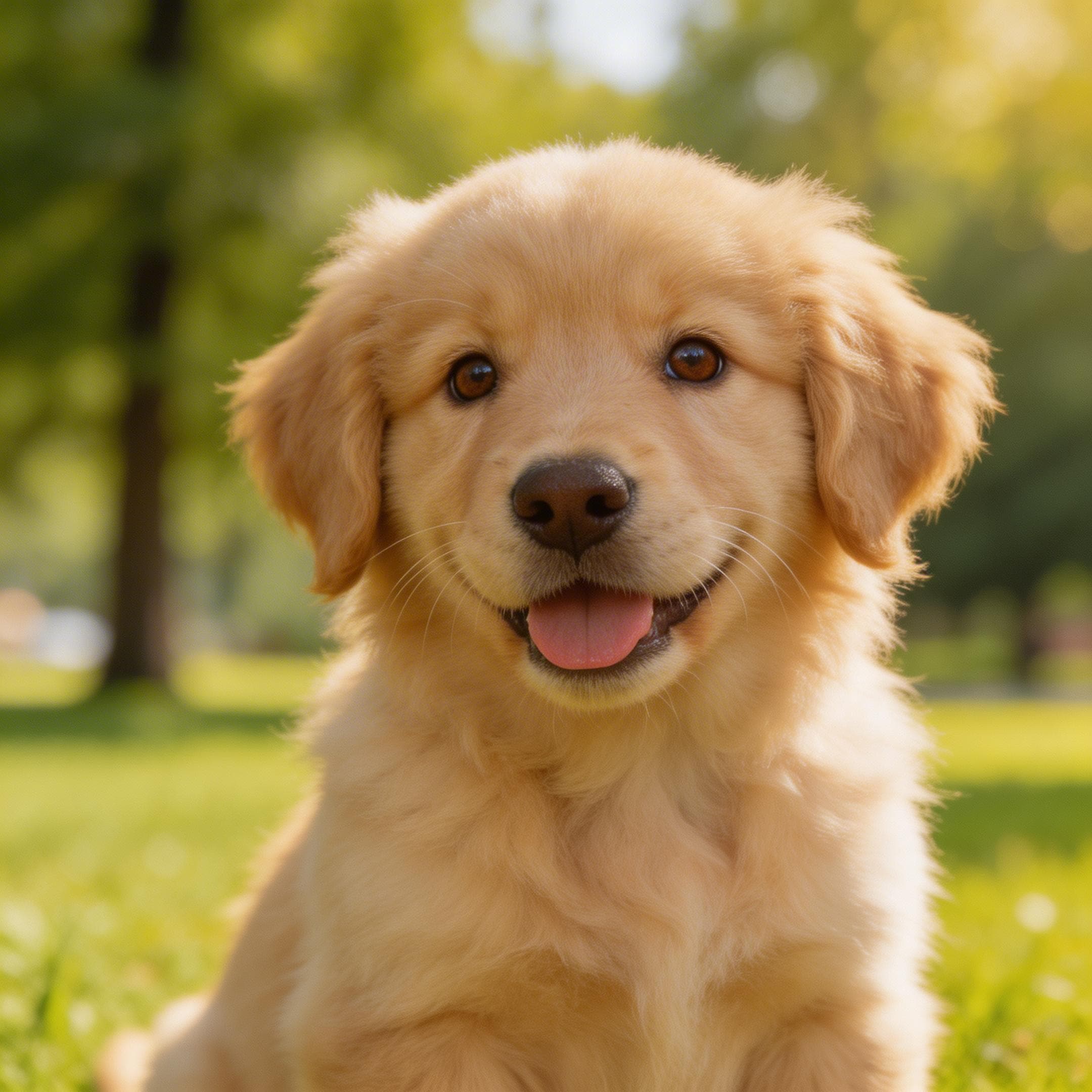 A close-up shot of a fluffy golden retriever puppy sitting in a sunny green park, looking directly at the camera with its tongue out. Generated using Seedream 5.0 Lite at 2160x2160 resolution, the image features bright, natural lighting and a softly blurred background.