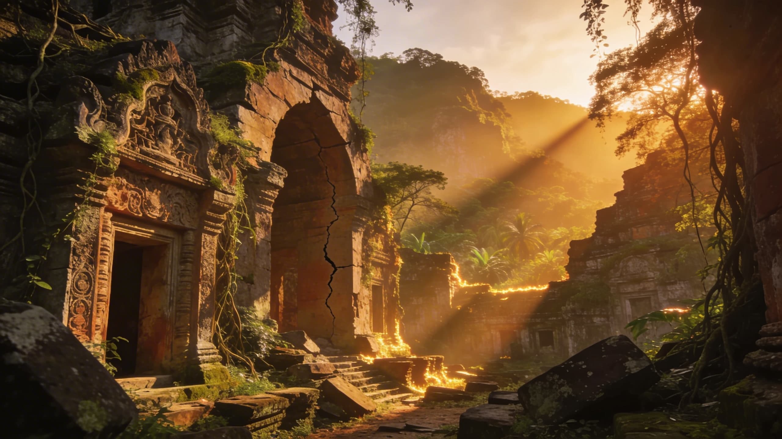 An image of crumbling ancient stone ruins overgrown with vines in a lush jungle. Golden sunset light streams through the trees, casting dramatic rays across cracked stone arches and steps. This horizontal 2560x1440 text-to-image generation was created using Seedream 4.5.