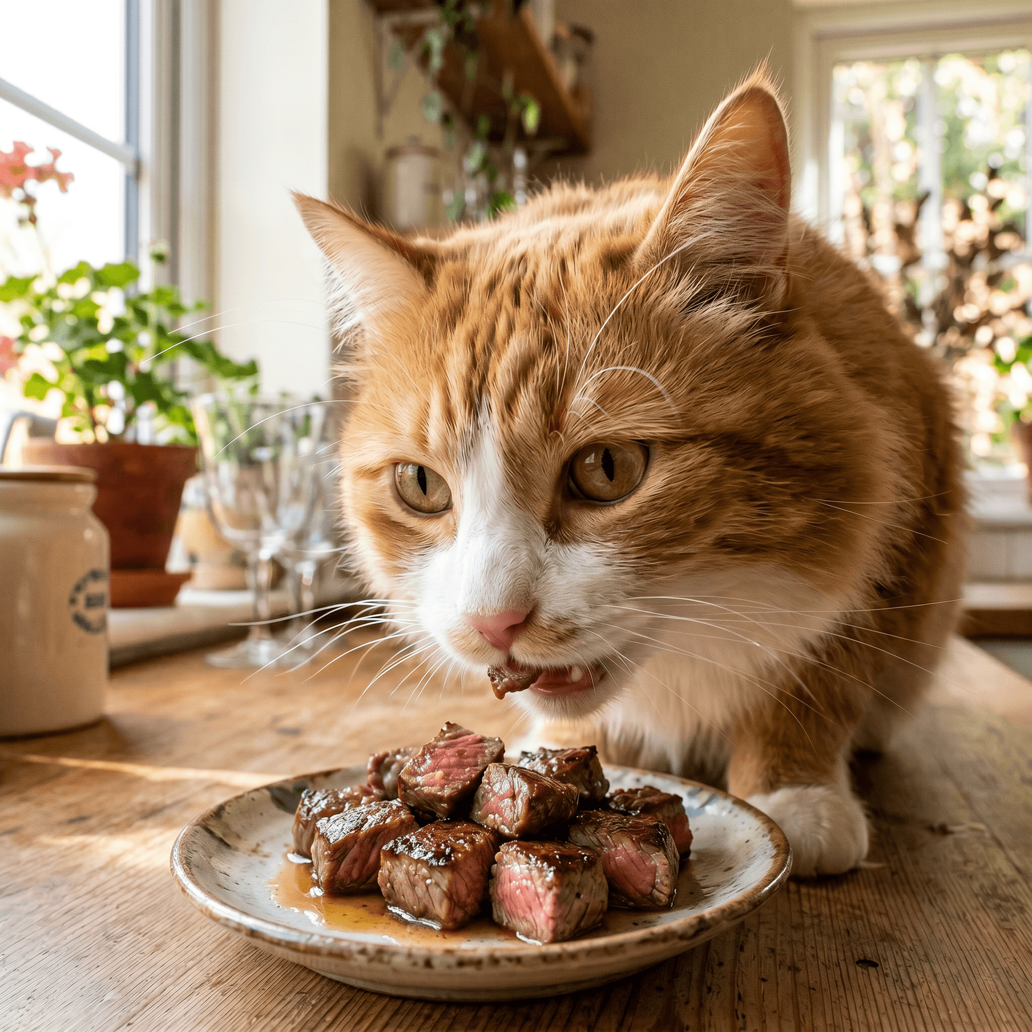 A close-up, square 2048x2048 image generated by Nano Banana 2 showing a fluffy orange and white tabby cat eating seared, bite-sized steak pieces from a small ceramic plate. The scene is set on a rustic wooden table indoors, with soft natural light coming from a window in the background.