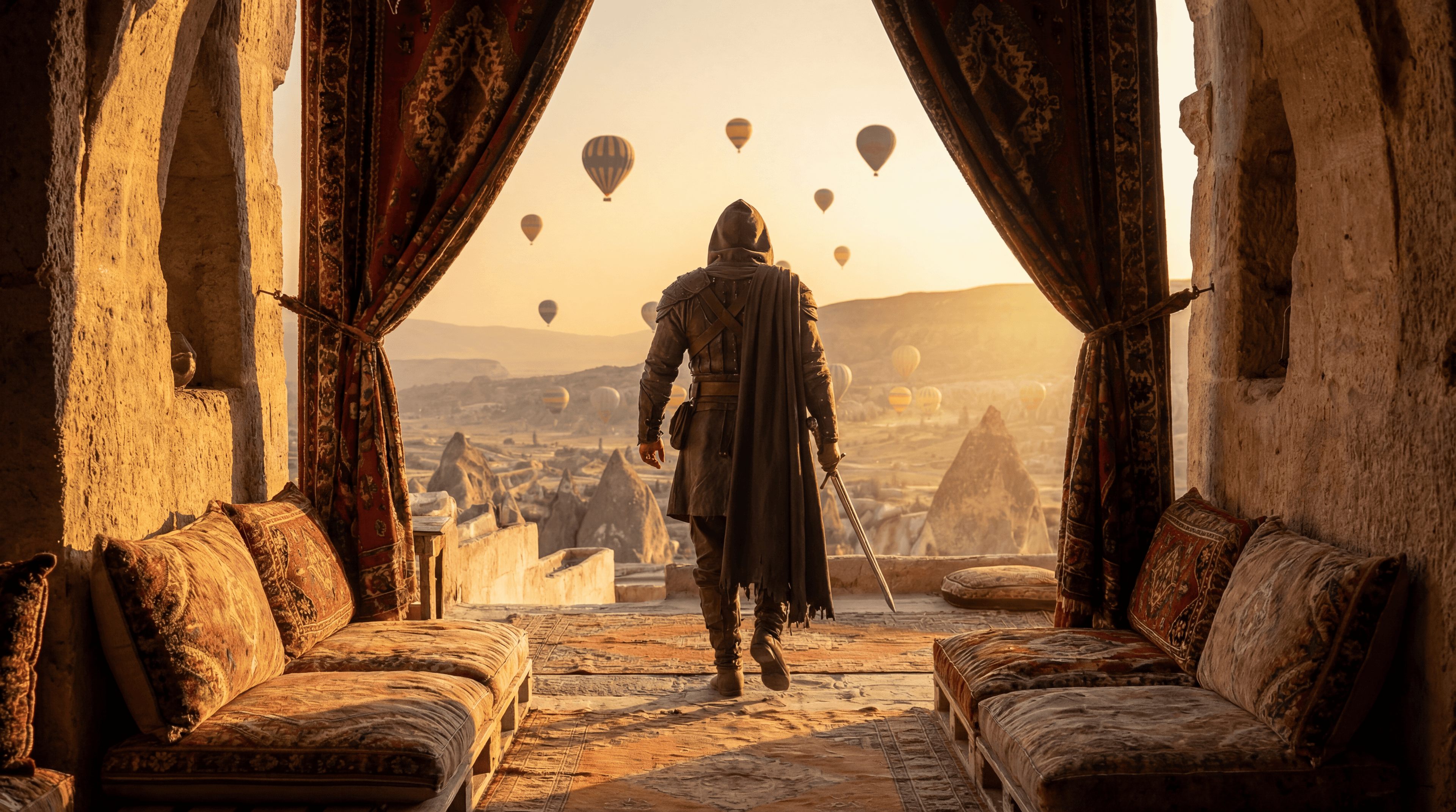 A wide-angle shot of a hooded warrior in leather armor, viewed from behind, standing in a stone archway. Outside, numerous hot air balloons float over a desert landscape at sunrise. This high-resolution 5504x3072 image was generated using the Nano Banana Pro model.
