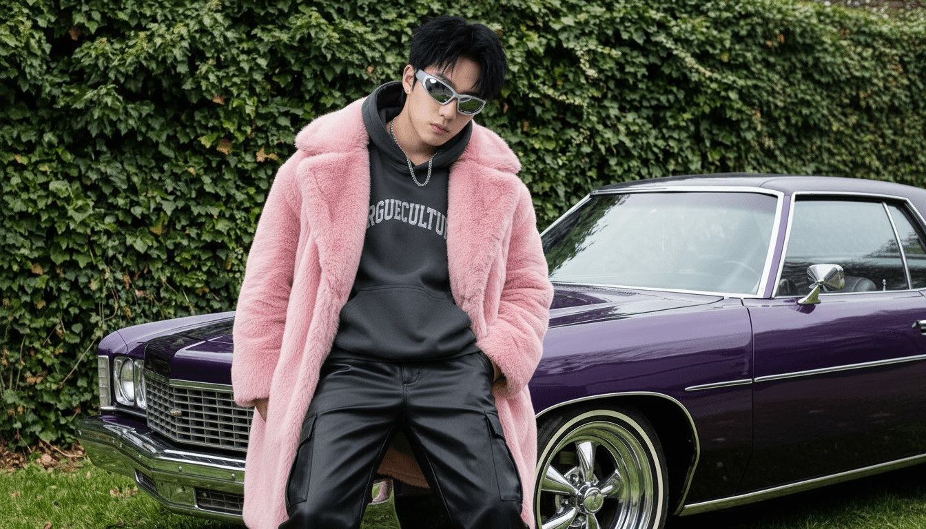 A high-resolution 1344x768 image generated by Nano Banana showing a young man wearing a plush pink fur coat, a grey hoodie, black pants, and futuristic silver sunglasses. He leans against a vintage purple coupe parked in front of a dense green ivy wall.