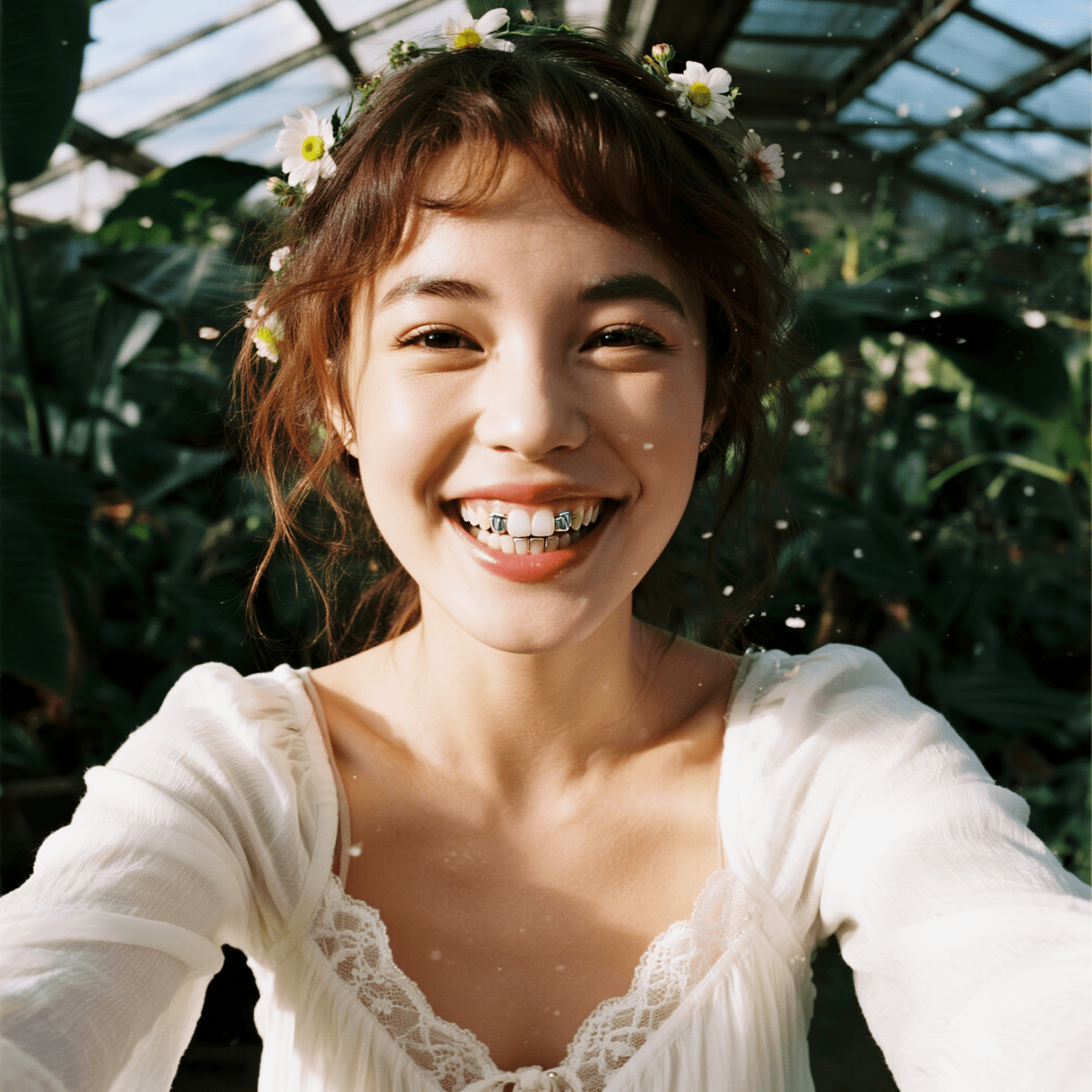 A close-up selfie-style image of a smiling young woman with a flower crown in her hair, wearing a white lace dress. She is standing inside a greenhouse filled with lush green plants. Generated using Dreamina 3.1 at 2048x2048 resolution via text-to-image.