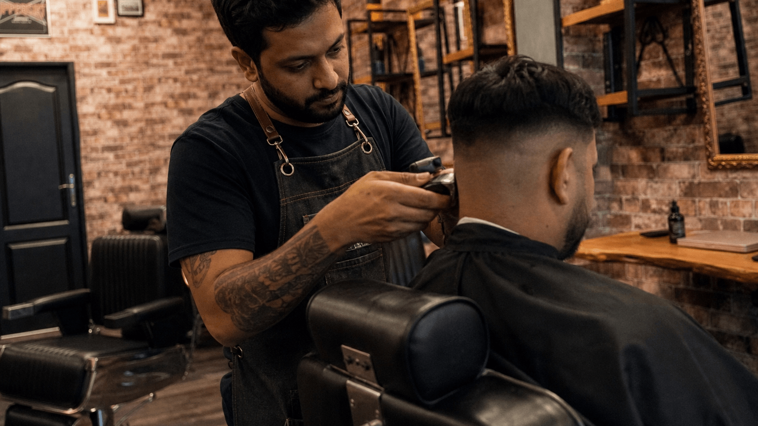 A barber gives a fade haircut in a real brick-walled barbershop — a synthetic barber composited into a real shop photo with GPT Image 2 Medium.