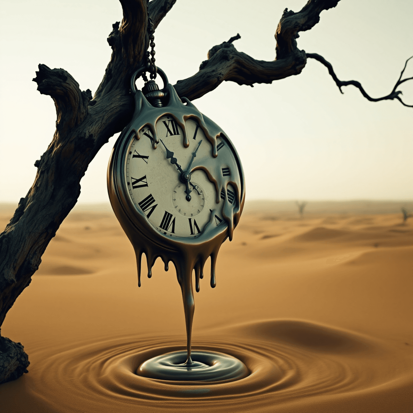 A surrealist image of a melting metallic pocket watch hanging from a gnarled, leafless tree branch. The liquid metal drips down to form a pool in the desert sand below. Generated using Flux 1.1 Pro at 1440x1440 resolution, the scene features warm, golden tones under a hazy sky.