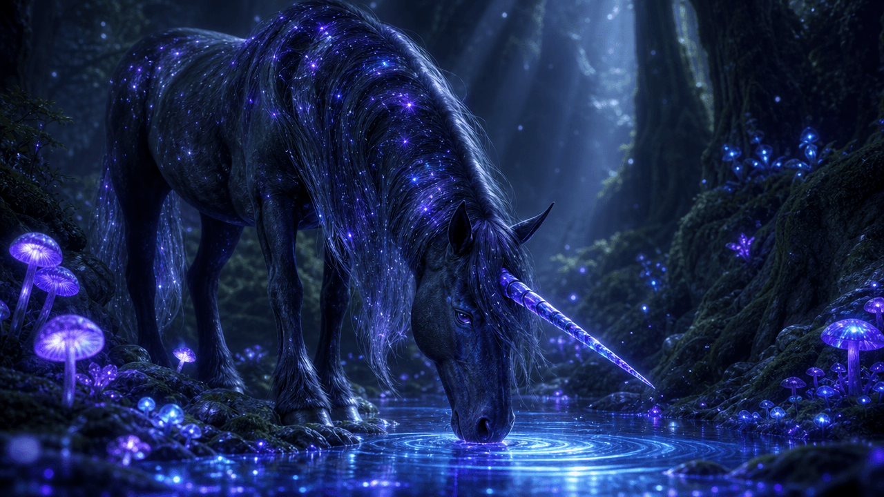 A digital illustration of a dark, star-speckled unicorn drinking from a glowing pool in a mystical forest at night. The unicorn has a glowing purple horn and mane. Glowing blue and purple mushrooms line the forest floor. Generated using GPT Image 2 Medium at 1280x720 resolution.