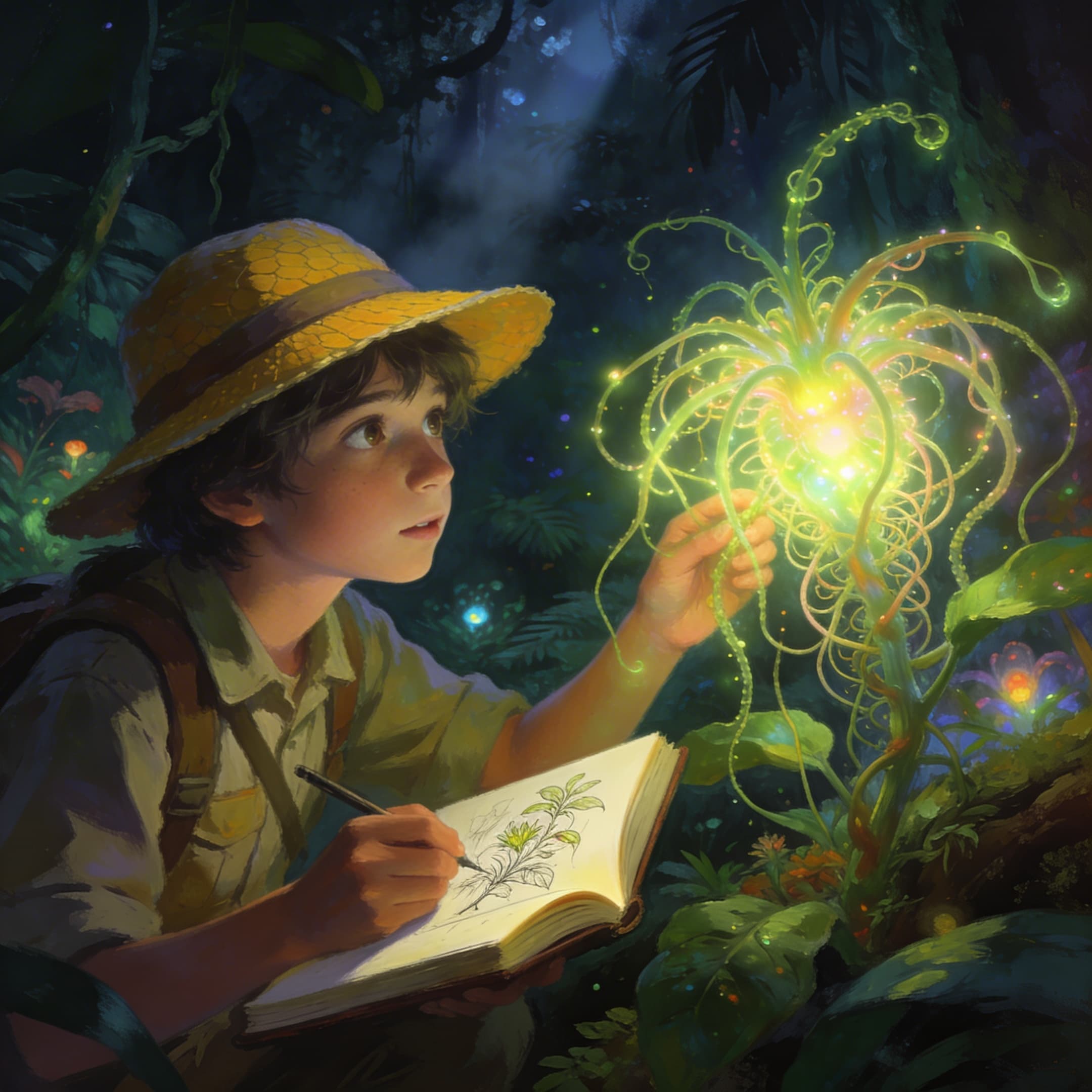 A digital illustration of a young boy wearing a straw hat and backpack, sketching in a botanical journal. He gently touches a glowing, bioluminescent green plant with curly tendrils in a dark, magical forest. Generated with Seedream 4.5 at 2160x2160 resolution.
