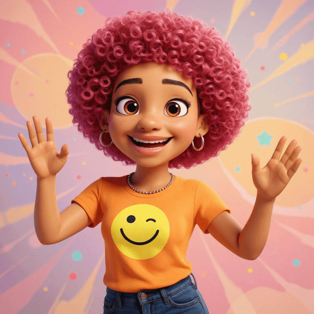 A 3D animated character of a cheerful young woman with curly pink hair, wearing an orange t-shirt with a yellow winking smiley face. Her hands are raised in a waving gesture. The background features pastel pink and purple swirls. Generated at 1024x1024 resolution using Flux Kontext Pro.