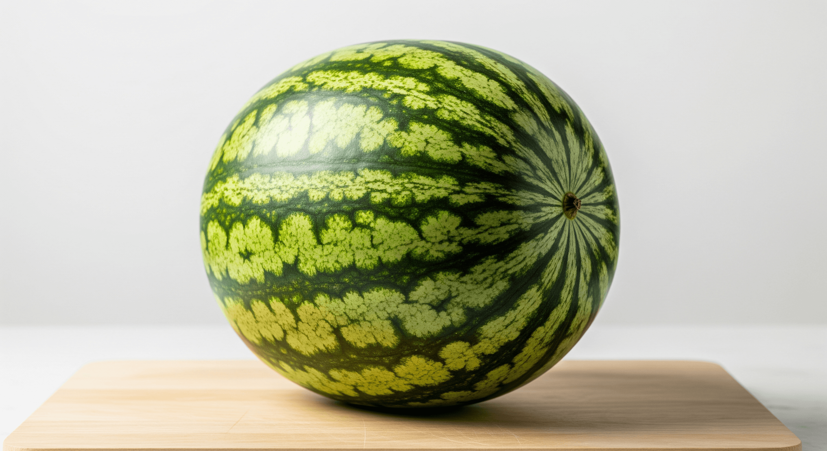 A high-resolution 2816x1536 image of a whole, ripe watermelon with dark and light green striped patterns resting on a light wooden cutting board. The background is clean and solid white. The image was generated using the Imagen4 model.