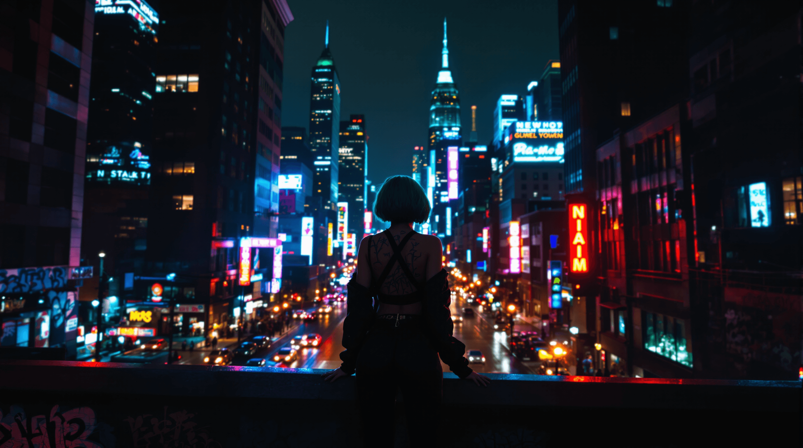 A wide shot of a woman with short green hair seen from behind, standing on a rooftop ledge. She looks out over a bustling, neon-lit New York City street at night with glowing skyscrapers. This high-resolution 2752x1536 image was generated using the Flux 1.1 Ultra model.