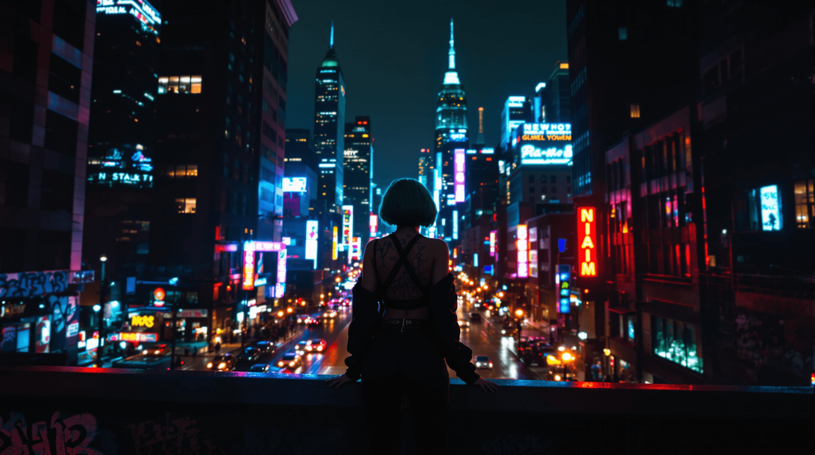 A wide shot of a woman with short green hair seen from behind, standing on a rooftop ledge. She looks out over a bustling, neon-lit New York City street at night with glowing skyscrapers. This high-resolution 2752x1536 image was generated using the Flux 1.1 Ultra model.