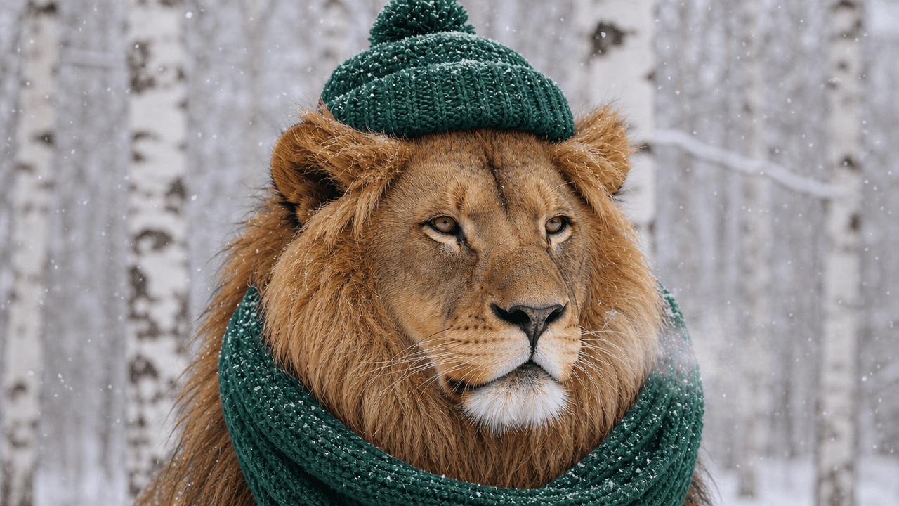 A close-up portrait of an adult male lion with a golden mane, wearing a dark green knitted beanie and matching scarf. The lion is positioned in a snowy birch forest with light snowfall. This 1280x720 image-to-image generation was created using the GPT Image 2 Medium model.