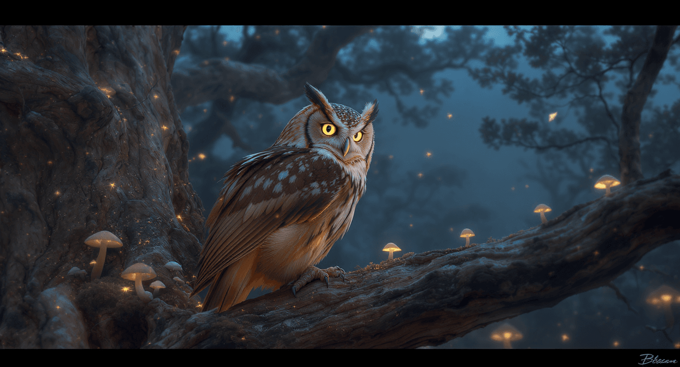 An owl with glowing yellow eyes perched on a thick, gnarled tree branch in a dark, magical forest. Small, glowing mushrooms grow along the mossy bark under a blue twilight canopy. This text-to-image generation was created at 1392x752 resolution using the Flux Kontext Max model.