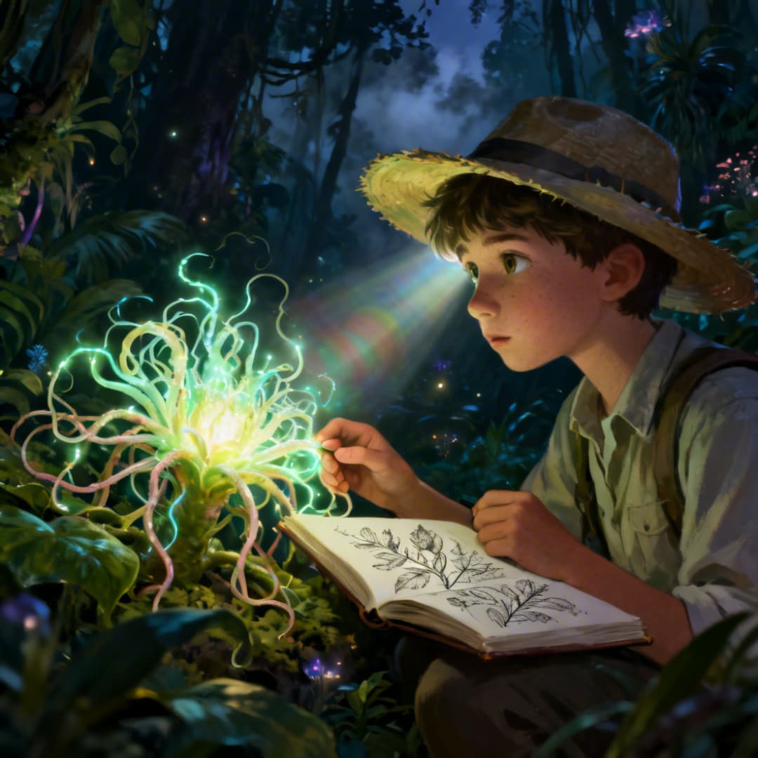 An illustrated square image of a young boy wearing a straw hat and backpack, crouched in a dark jungle. He holds an open sketchbook with botanical drawings while looking in awe at a glowing green bioluminescent plant. Generated with Seedream 4.0 at 1080x1080 resolution.