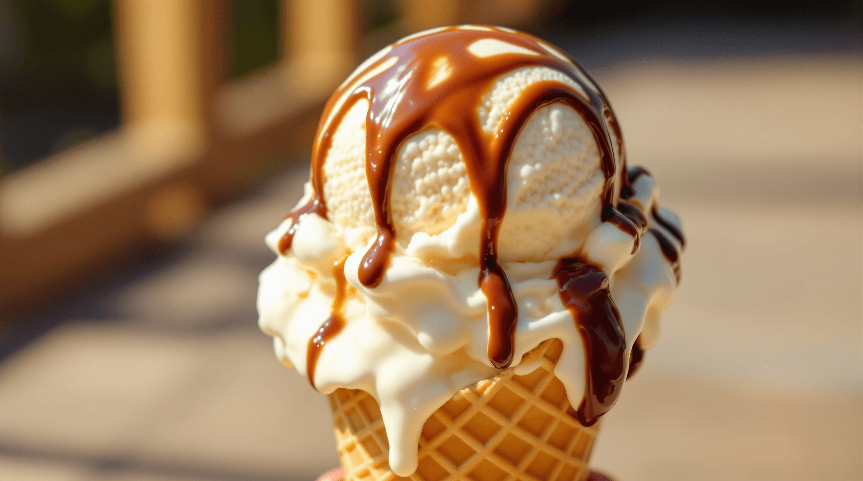 A close-up photograph of a melting scoop of vanilla ice cream in a waffle cone, drizzled with glossy chocolate syrup. Generated using Flux 1.1 Ultra at a resolution of 2752x1536, the image features warm, natural sunlight and a soft, blurred background.