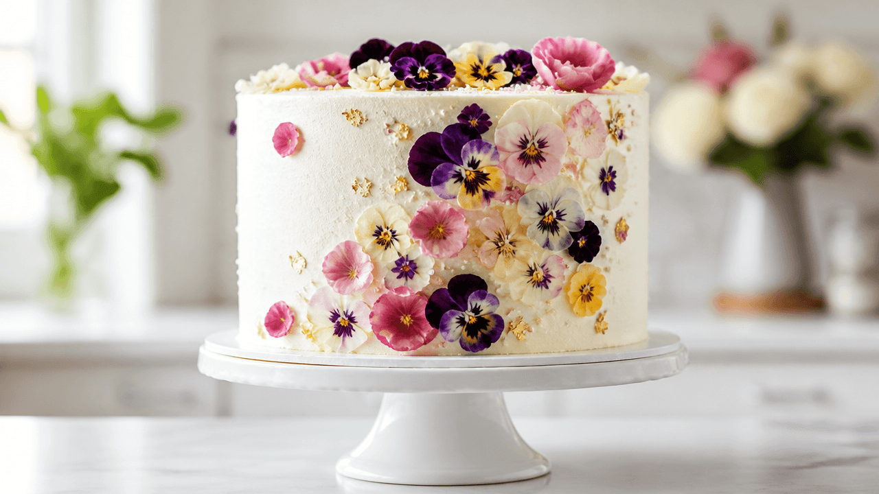 A white buttercream cake decorated with vibrant purple, yellow, and pink edible flowers sits on a white ceramic stand. The image is a text-to-image generation using the GPT Image 2 Low model at 1280x720 resolution, showcasing a bright, softly blurred kitchen background.