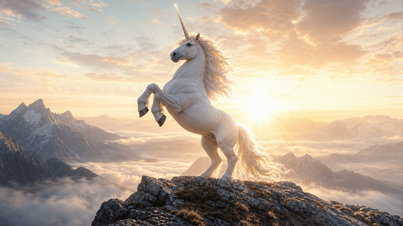 A high-resolution 1280x720 digital image generated by GPT Image 2 Medium. A muscular white unicorn with a glowing golden horn rears on a rocky mountain peak. The background shows misty valley clouds and jagged peaks illuminated by a bright, warm sunset.