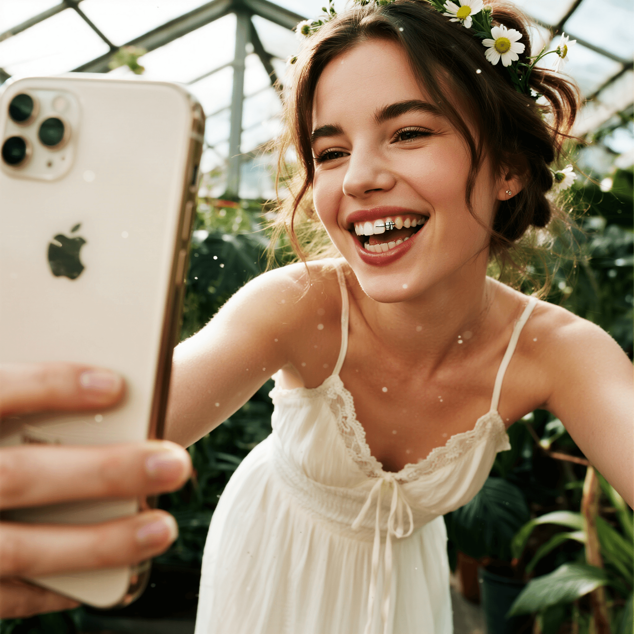 A square-format digital image generated at 2048x2048 resolution by Dreamina 3.1. It shows a young woman with a flower crown laughing while taking a selfie on a gold iPhone inside a greenhouse. Her white lace dress, joyful expression, and the lush green background are brightly lit by natural sunlight.